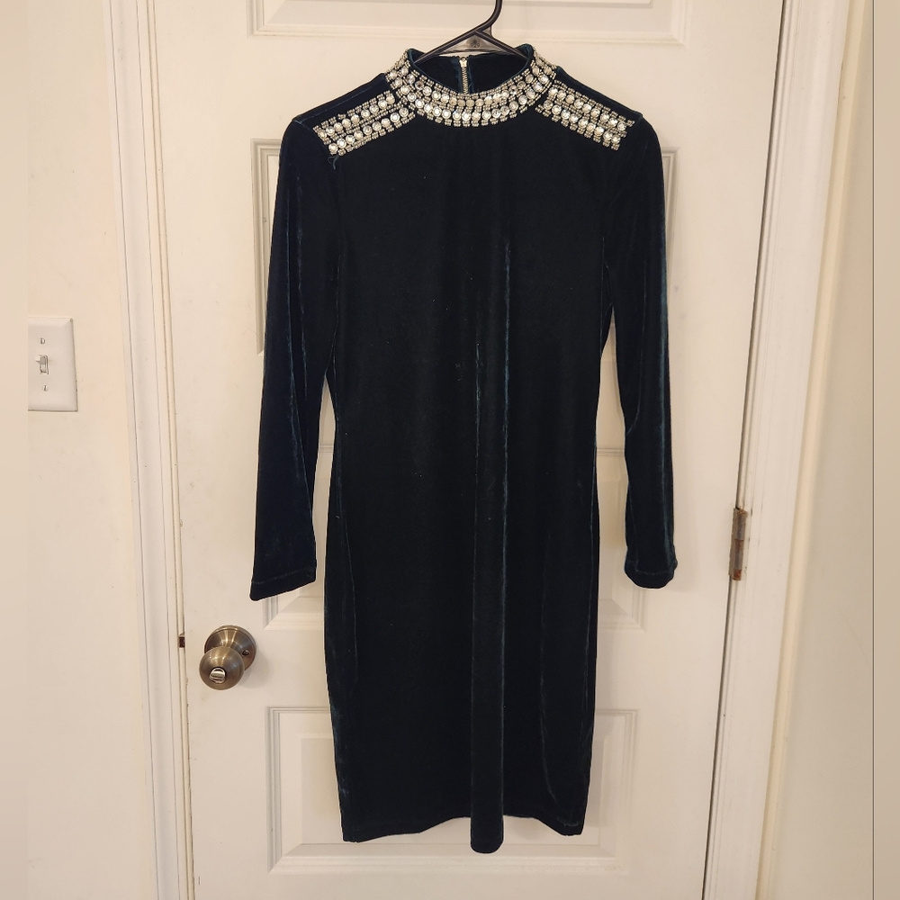 Elie Tahari Size SP Emerald Velour Long Sleeve Mini Dress Embellished‎ #B1076